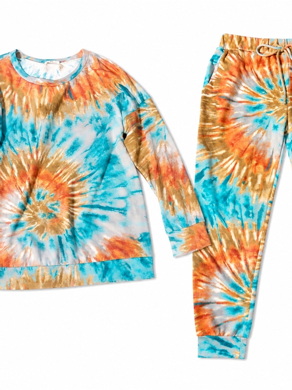 Woman’s Tie-Dye Pajama Set - Blue, Orange & Tan size one size